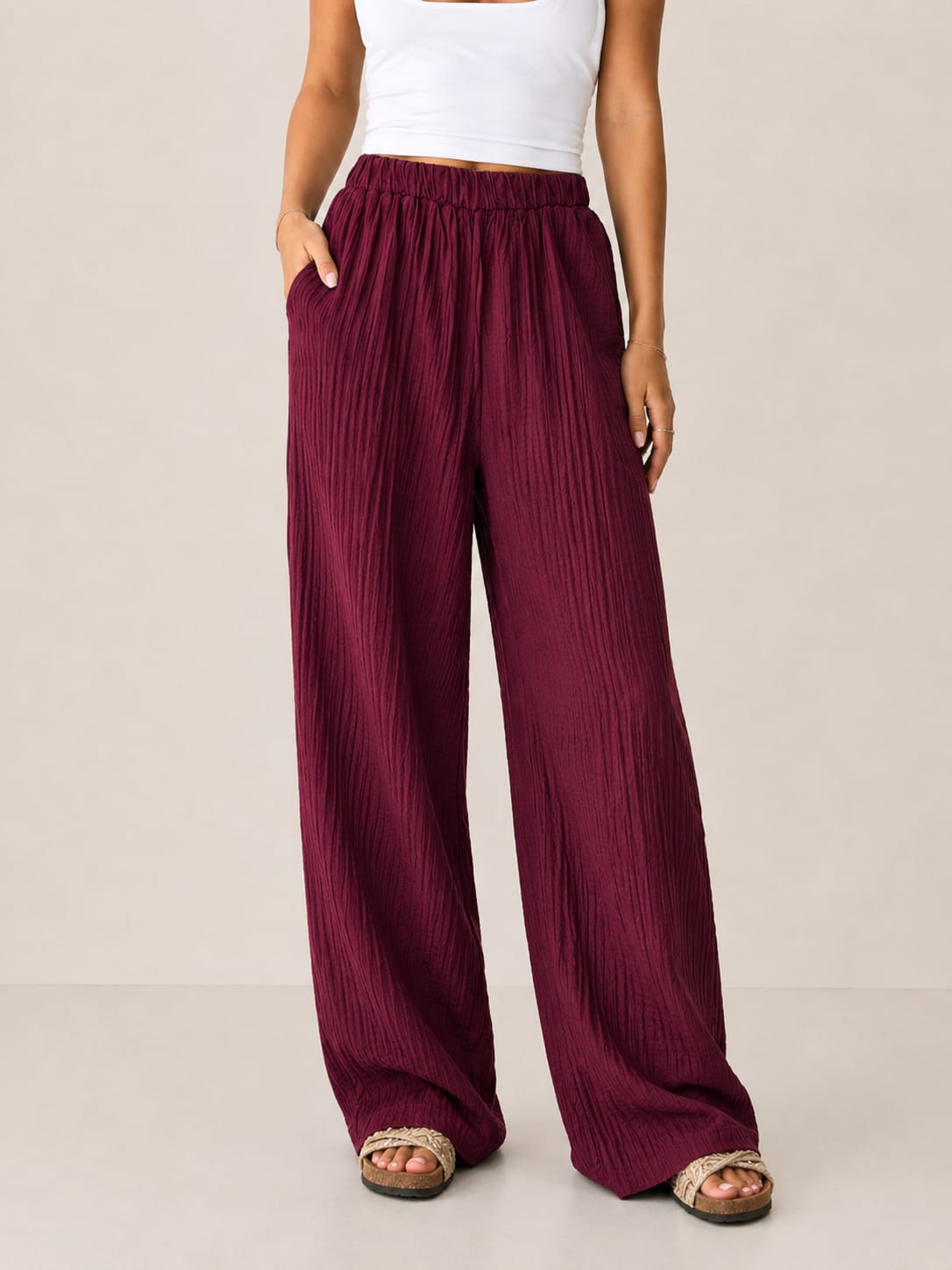 The Empress Crinkle Trousers- Burgundy